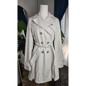Dawn Levy New York Trench Coat XS Beige Brown Trim Belted Double Breasted
